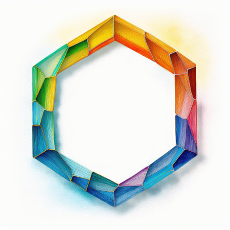 Empty hexagon frame on white background. Concept of overlapped mystery colorful watercolor box. Finest generative AI.の素材