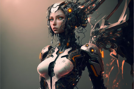 Transforming cyborg beauty with a girl humanoid. Inspiration of gaming robotic characteristic with cyber steel suit. Finest generative AI.の素材