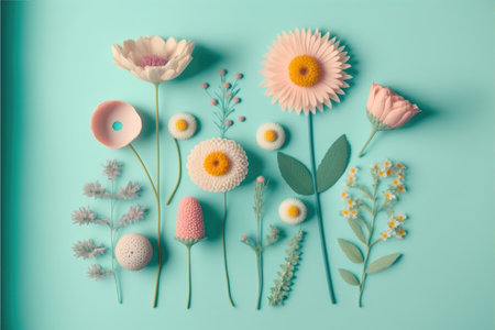 Group fresh pastel colorful flower placing on isolated blue background. Decorated by various blossom concept. Finest generative AI.の素材