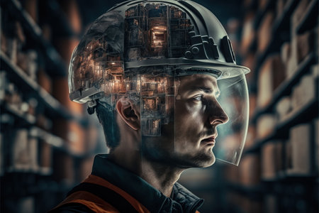 Technological engineer portrait ensuring high-quality and precise production quota on factory assembly line in wondrous double exposure. Manufacturing engineering technology concept by Generative AI.の素材