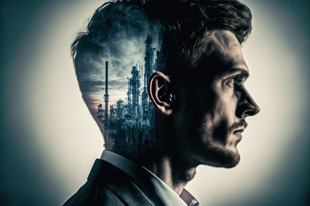 Wondrous image of modern oil refinery cutting-edge technology efficiently processes crude oil into valuable industrial product. Businessman of visionary portrait in double exposure by Generative AI.の素材