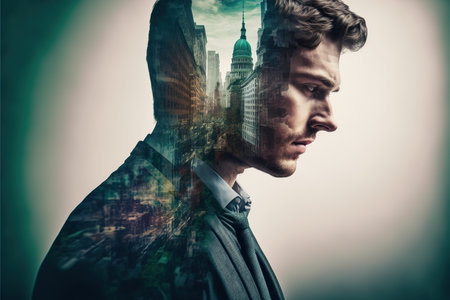 Ambitious businessman portrait plan financial or real estate strategy with wondrous double exposure urban cityscape skyscraper background as concept for commercial district concept by Generative AI.の素材
