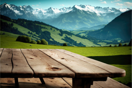 Focus empty wood table with blurred natural tree meadow background. Concept of blank space for advertising product. Finest generative AI.の素材