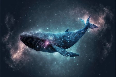 Swimming whale among fantasy abstract art in outer space among particles starry. Concept of glowing nebula with aquatic spouting star dust. Finest generative AI.の素材