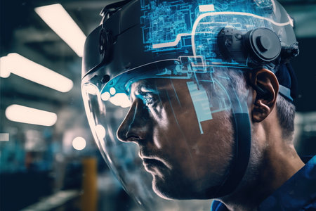 Electrical engineering concept design. electrician or engineer wear hardhat with double exposure effect on his head feature with wondrous electric circuit or wire pattern texture by Generative AI.の素材