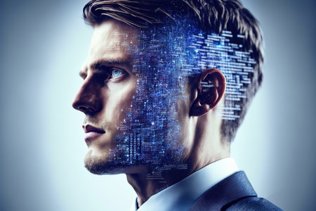 Wondrous visually business intelligence database code double exposure on portrait of pensive businessman wearing black suit as concept of modern analytic businesspeople by Generative AI.の素材