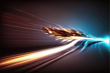 Abstract of high speed car racing of multicolored taillight in streak concept. Art in digital street background. Finest generative AI.の素材
