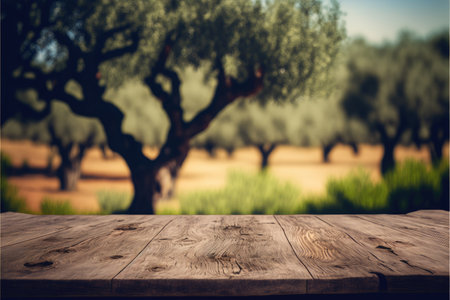 Focus empty wood table with blurred natural olive tree background. Concept of blank space for advertising product. Finest generative AI.の素材