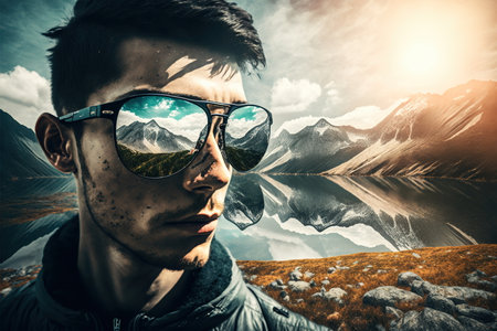 Sunglasses mirrored reflection of the wondrous mountain path and sunny sky portrayed by hiker man in natural adventurous and nature exploring concept by Generative AI.の素材