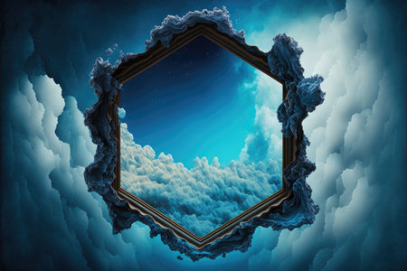 Frame made with white cloud in the sky in hexagon shape. Concept of fantasy luxurious window. Finest generative AI.の素材