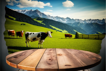 Focus empty wood table with blurred natural tree and cow with meadow background. Concept of blank space for advertising product. Finest generative AI.の素材