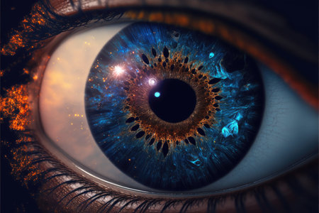 Closeup of macro galaxy in glowing sharp eyesight vision. Concept of outer space in human eye. Finest generative AI.の素材