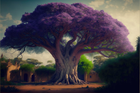 Giant tree in purple color leaves feel like fairytale during summer or spring time. Located in deep village of savanna landscape with trees and pond. Finest generative AI.の素材