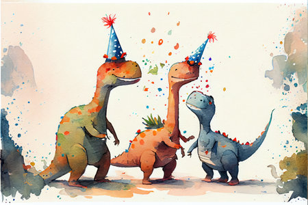 Cute dinosaur celebrating in party created by colorful watercolor technique. Theme of birthday event with food and drink wearing on birthday hat. Finest generative AI.の素材