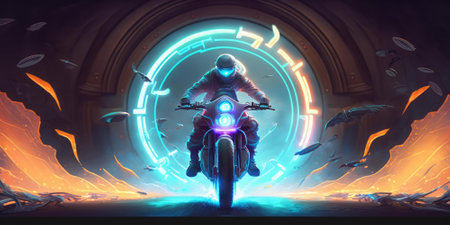 A time traveler riding motorcycle through time machine. superlative generative AI image.の素材