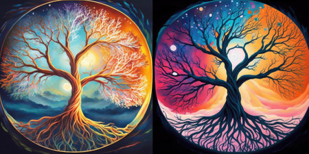 Dreamlike fantasy hand drawn style of life tree. superlative generative AI image.の素材