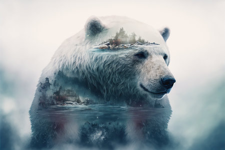 image shown by polar bear suffer due to melting ice caused by the impact of climate change on double exposure of global warming turning arctic hotter in background. Superb Generative AI.の素材