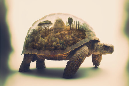 Contemporary abstract artwork double exposure turtle of and forest landscape design, concept of aimal and natural wilderness adventure. Superb Generative AI.の素材