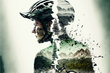 Image of double exposure silhouette biker and mountain forest landscape in creative modern abstract art. Nature and outdoor adventure or extreme sport in the wilderness concept. Superb Generative AI.の素材