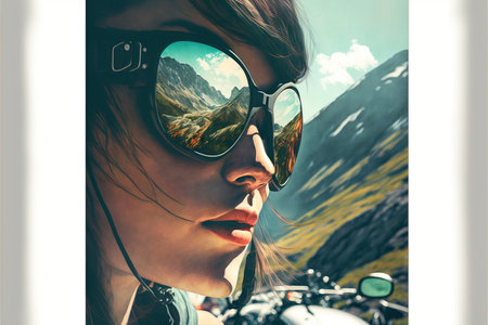 Wondrous portrait of motorcycle female rider with sunglasses and reflection of the environment in mountain landscape, Natural adventurous touring on road trip with motorbike concept by Generative AI.の素材