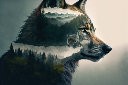 Majestic and powerful predator wildlife animal by lone grey wolf in solitude on double exposure background of wondrous natural landscape with forest and mountain by Generative AIの素材