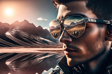 Wondrous portrait of motorcycle rider with sunglasses and reflection of the environment in mountain landscape, Natural adventurous touring on the road trip with motorbike concept by Generative AI.の素材