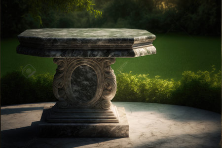 Empty marble table in natural green garden outdoor. Product placement with sunday light. Finest generative AI.の素材