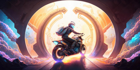 A time traveler riding motorcycle through time machine. superlative generative AI image.の素材