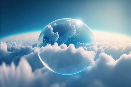 Beautiful modern abstract artwork of the sky captured in the transparent sphere bubble that reflect the cloud display cloudscape inside the bubble orbs with realistic detail. Superb Generative AI.の素材