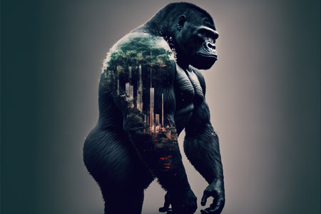 Male gorilla with powerful shoulder and strength with calmly look, large monkey in double exposure with jungle of africa as concept of animal art. Superb Generative AI.の素材