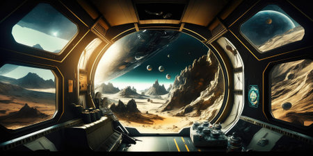 futuristic interior of spaceship inside of hallway. superlative generative AI image.の素材