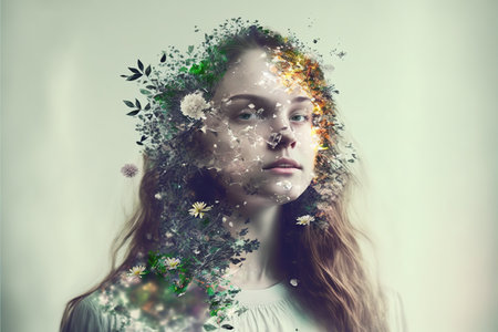 Contemporary modern double exposure abstract artwork portrait of beautiful woman with pale color collage with flower on her face. Creative floral and foliage pattern design woman. Superb Generative AIの素材