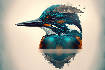 Contemporary abstract artwork double exposure kingfisher of and forest landscape design, concept of bird and natural wilderness adventure. Superb Generative AI.の素材