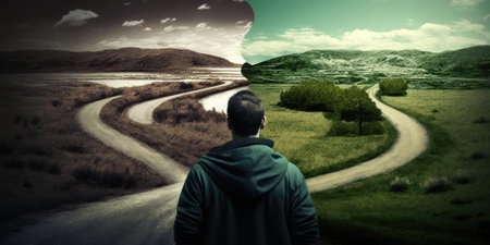 Man at two roads deciding for best chance of environment protection. superlative generative AI image.の素材
