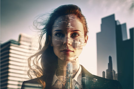Ambitious businesswoman portrait in black suit-clad with background residential city highrise buildings in double exposure, Successful businesspeople with strategic plans. Superb Generative AI.の素材