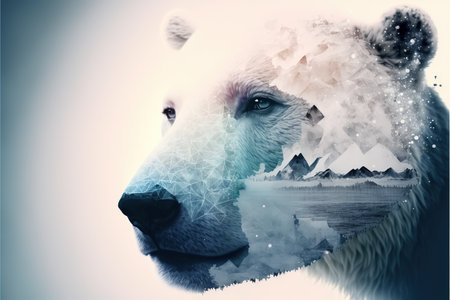image shown by polar bear suffer due to melting ice caused by the impact of climate change on double exposure of global warming turning arctic hotter in background. Superb Generative AI.の素材