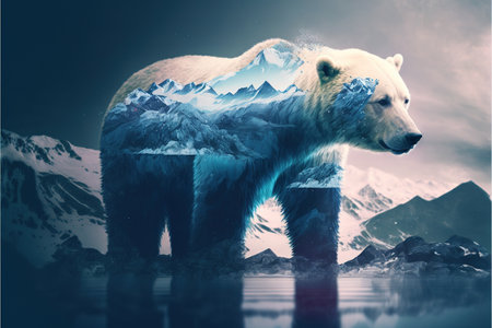 image shown by polar bear suffer due to melting ice caused by the impact of climate change on double exposure of global warming turning arctic hotter in background. Superb Generative AI.の素材