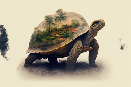 Contemporary abstract artwork double exposure turtle of and forest landscape design, concept of aimal and natural wilderness adventure. Superb Generative AI.の素材