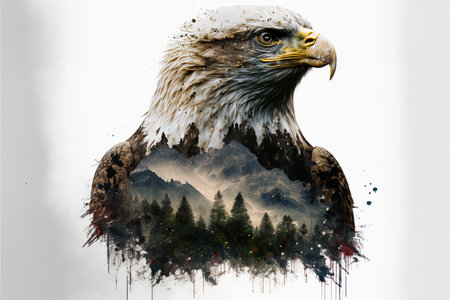 Bird of prey eagle head portrait with sharp eyesight on double exposure with natural landscape with lush forest and mountain scenery showing beauty and majesty of nature. Superb Generative AI.の素材