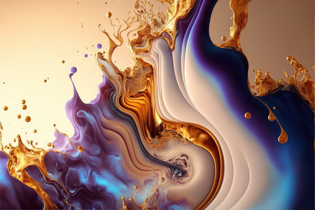 Contemporary abstract art with golden and vivid color inky fluid watercolor design of interior painting or decoration. Wavy and turbulence swirled liquid pattern artwork. Superb Generative AIの素材