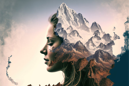 Double exposure woman portrait with cloudscape and mountain range background for sense of peaceful tranquility concept. Meditative natural freshness and mental abstract art. Superb Generative AIの素材