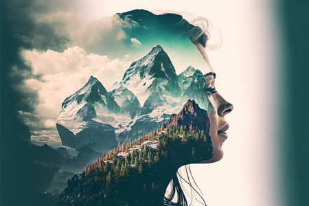Double exposure woman portrait with cloudscape and mountain range background for sense of peaceful tranquility concept. Meditative natural freshness and mental abstract art. Superb Generative AIの素材
