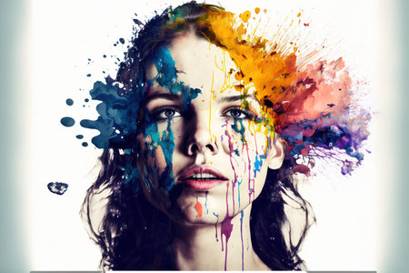 Woman with vivid watercolor explosion on her head as symbol for inner stress and negative though for intense splashing emotion mental health in modern abstract art design. Superb Generative AI.の素材
