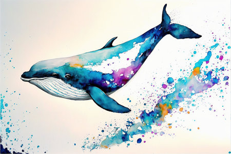 Vibrant colorful dolphin whale in watercolor splashing painting on isolated background, vivid aquatic life artwork concept. Superb Generative AIの素材