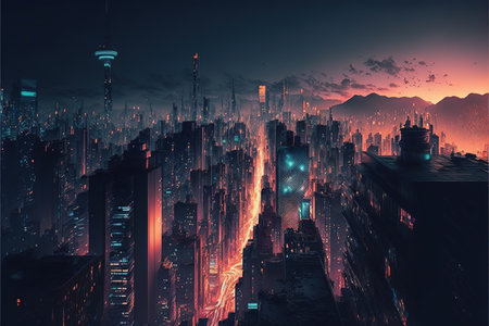 Futuristic cityscape in night time with neon light background like cyberpunk design structure. Megacity or ecumenopolis in future technology design. Superb Generative AIの素材