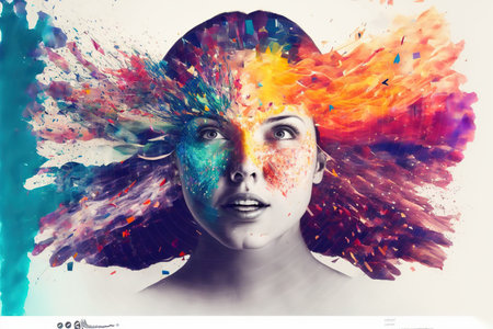 Woman with powerful vivid powder explosion on her head as symbol for inner stress and negative though for intense emotion mental health in modern abstract art design. Superb Generative AI.の素材