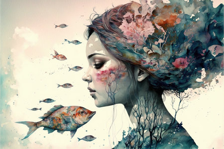 Beautiful pale skin woman portrait with blossom flower bouquets hairstyle on isolated background double exposure. Girl face cover with blossom springtime leaves. Superb Generative AI.の素材