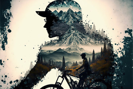 Image of double exposure silhouette biker and mountain forest landscape in creative modern abstract art. Nature and outdoor adventure or extreme sport in the wilderness concept. Superb Generative AI.の素材