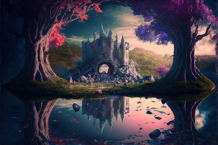Beautiful magical landscape, fantasy medieval castle reflected symmetrically in serene lake, enchanted forest with ethereal fairytale starry nigh and moonlight in background. Superb Generative AI.の素材