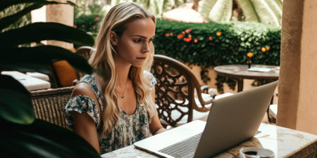 Business person using laptop computer in luxury hotel lobby candid view. superlative generative AI image.の素材